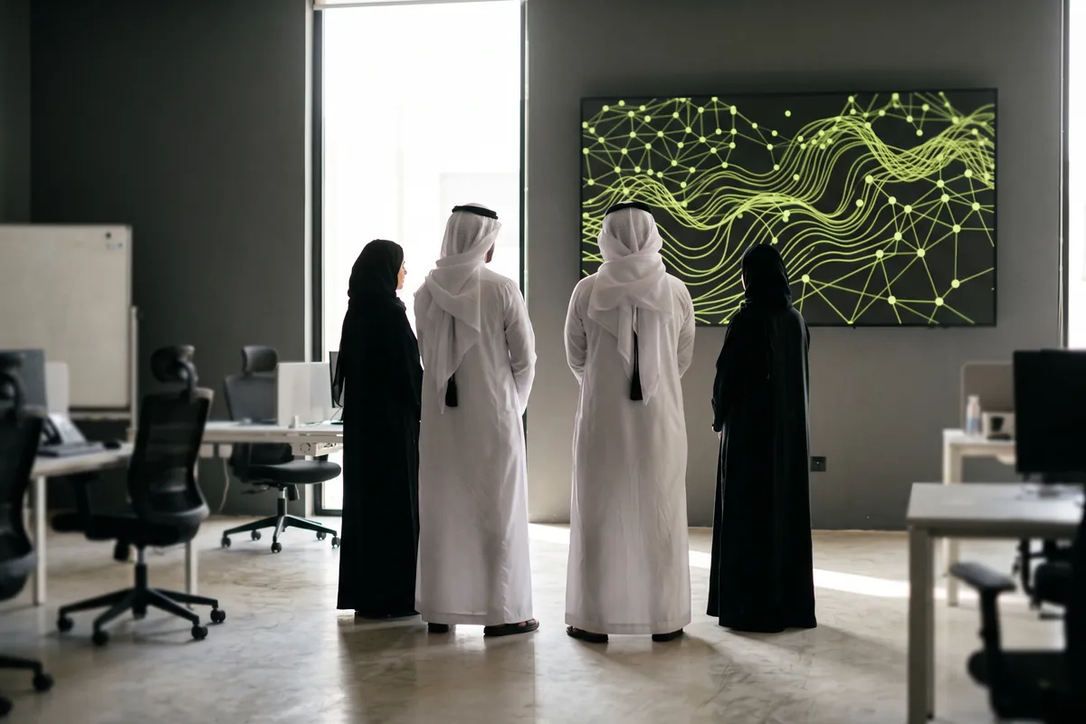 أربعة من فريق العمل من الخلف في مكتب مفتوح، ينظرون إلى شاشة جدارية تعرض رسماً تجريدياً بالأخضر.